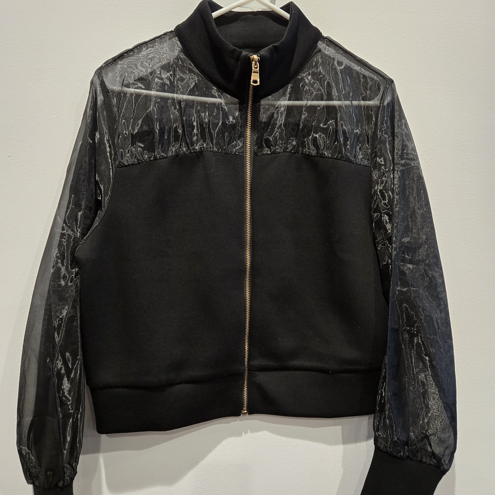 Black Sheer-Sleeve Zip Front Jacket